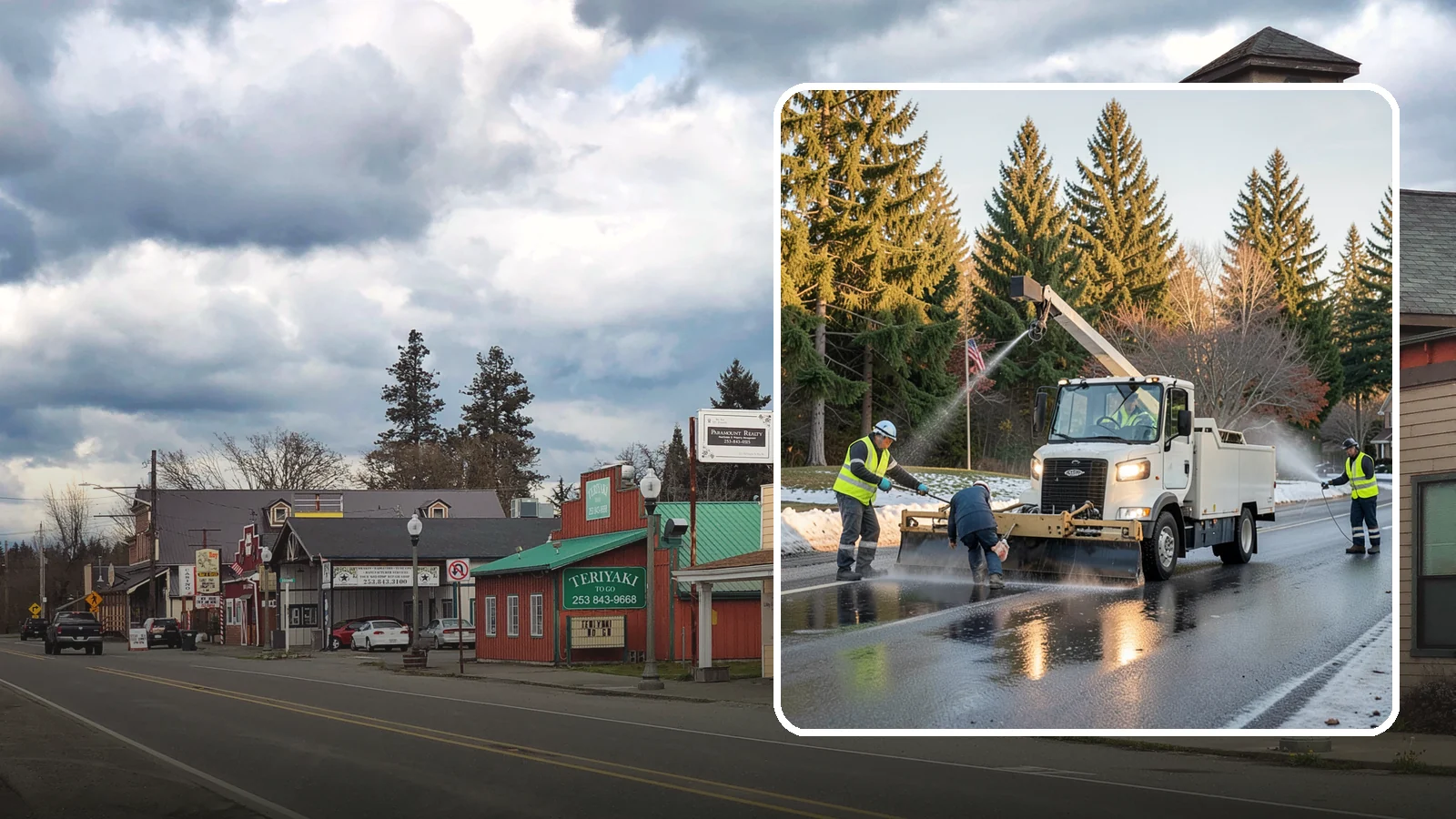 Anti-Icing Brine Application in Roy, Pierce County, WA - Proactive liquid brine application that prevents ice from bonding to public roadways and lots before a storm.