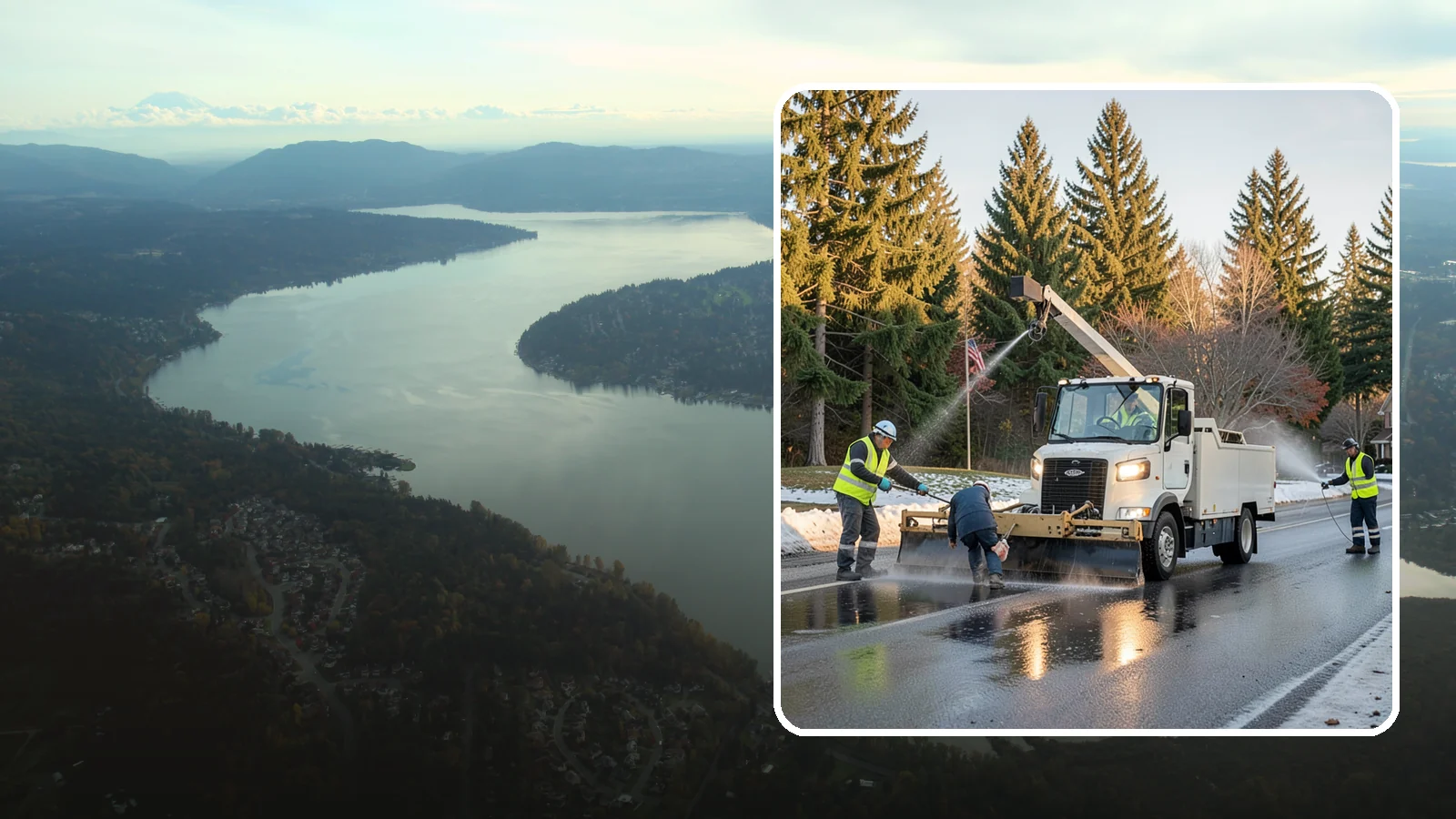 Anti-Icing Brine Application in Sammamish, King County, WA - Proactive liquid brine application that prevents ice from bonding to public roadways and lots before a storm.
