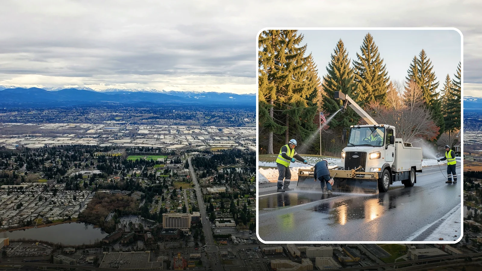 Anti-Icing Brine Application in SeaTac, King County, WA - Proactive liquid brine application that prevents ice from bonding to public roadways and lots before a storm.