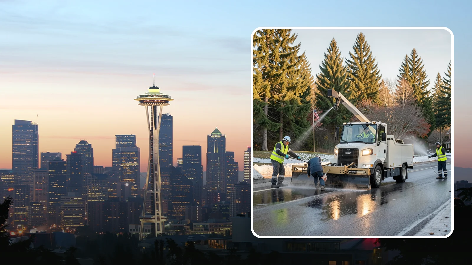 Anti-Icing Brine Application in Seattle, King County, WA - Proactive liquid brine application that prevents ice from bonding to public roadways and lots before a storm.