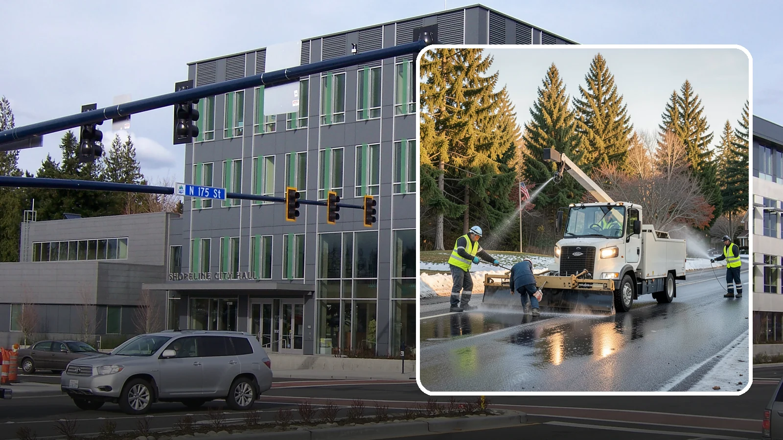 Anti-Icing Brine Application in Shoreline, King County, WA - Proactive liquid brine application that prevents ice from bonding to public roadways and lots before a storm.