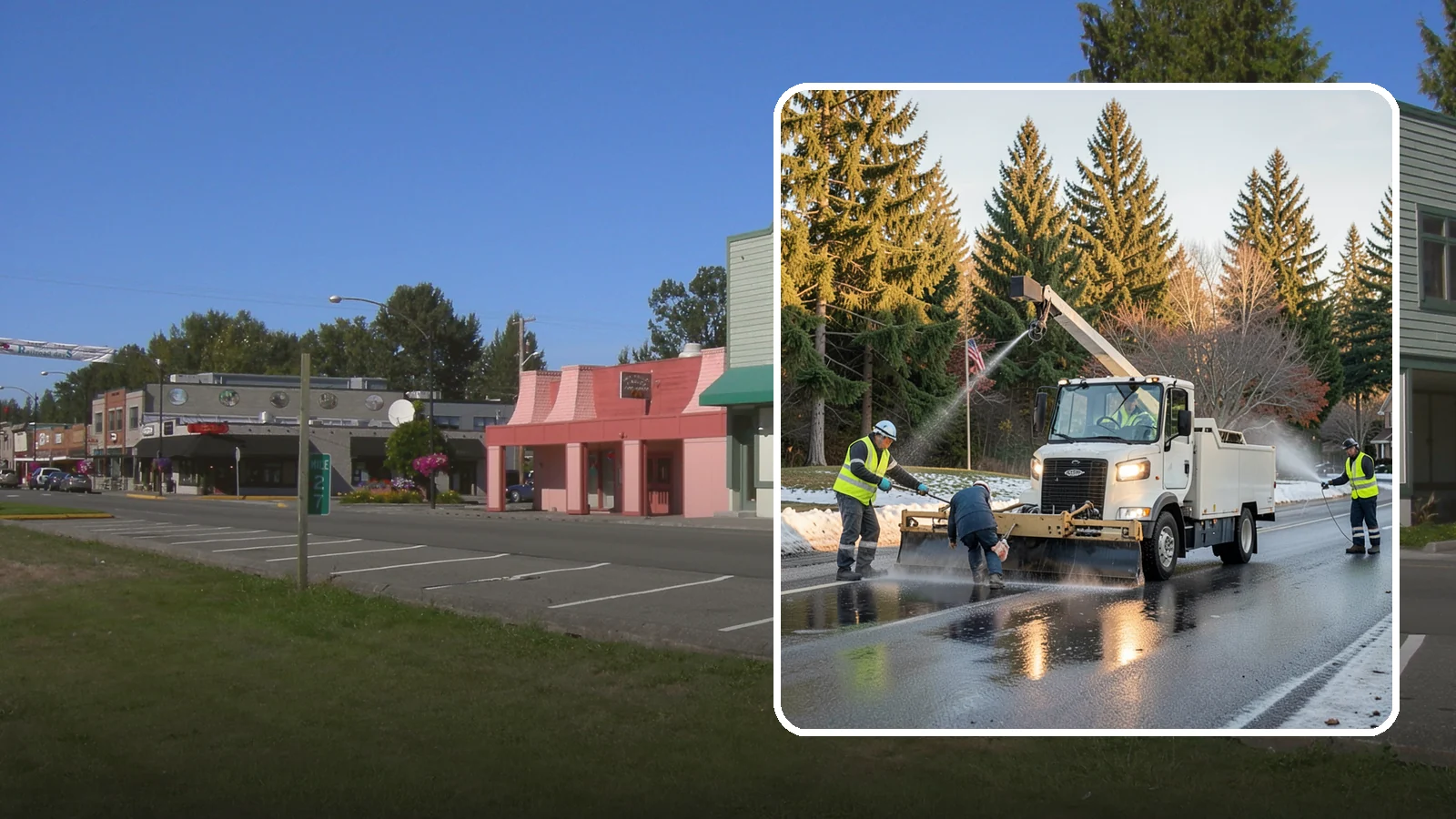 Anti-Icing Brine Application in Snoqualmie, King County, WA - Proactive liquid brine application that prevents ice from bonding to public roadways and lots before a storm.
