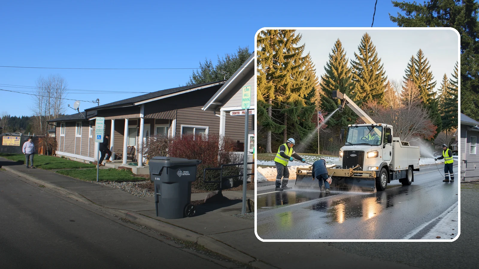 Anti-Icing Brine Application in South Prairie, Pierce County, WA - Proactive liquid brine application that prevents ice from bonding to public roadways and lots before a storm.