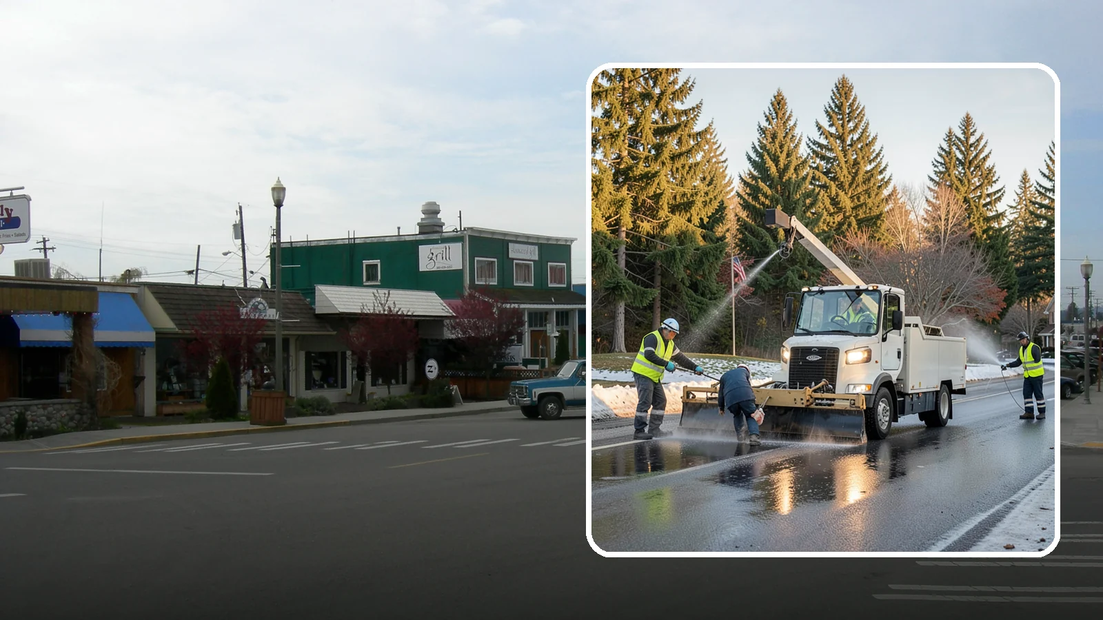 Anti-Icing Brine Application in Stanwood, Snohomish County, WA - Proactive liquid brine application that prevents ice from bonding to public roadways and lots before a storm.