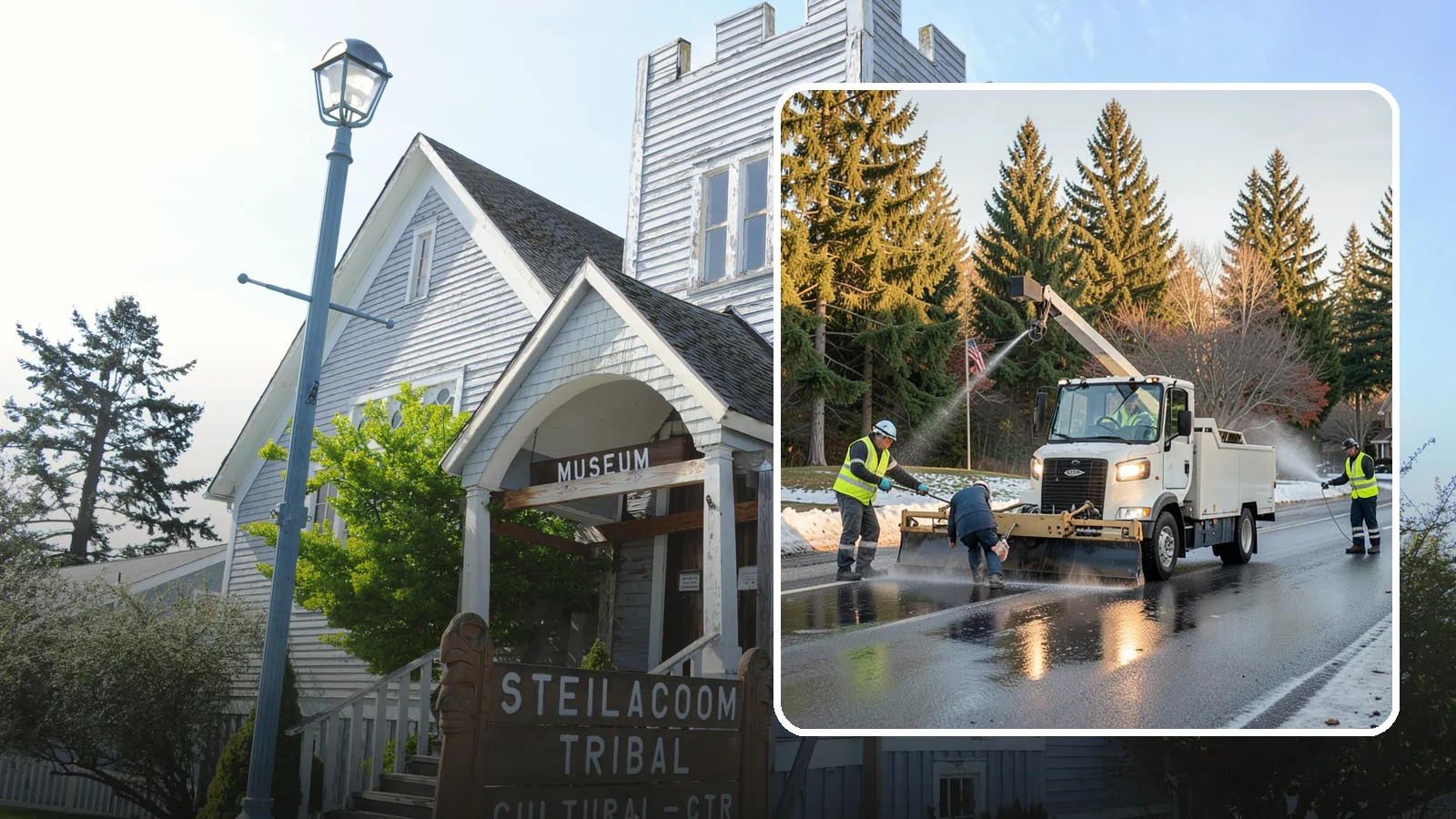 Anti-Icing Brine Application in Steilacoom, Pierce County, WA - Proactive liquid brine application that prevents ice from bonding to public roadways and lots before a storm.