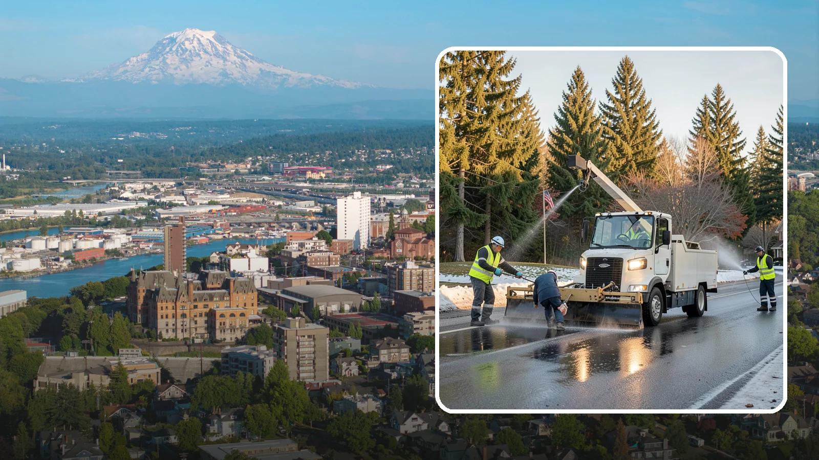 Anti-Icing Brine Application in Tacoma, Pierce County, WA - Proactive liquid brine application that prevents ice from bonding to public roadways and lots before a storm.