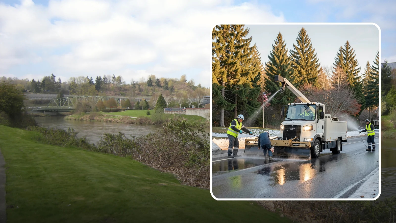 Anti-Icing Brine Application in Tukwila, King County, WA - Proactive liquid brine application that prevents ice from bonding to public roadways and lots before a storm.