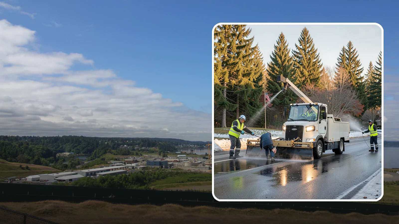 Anti-Icing Brine Application in University Place, Pierce County, WA - Proactive liquid brine application that prevents ice from bonding to public roadways and lots before a storm.