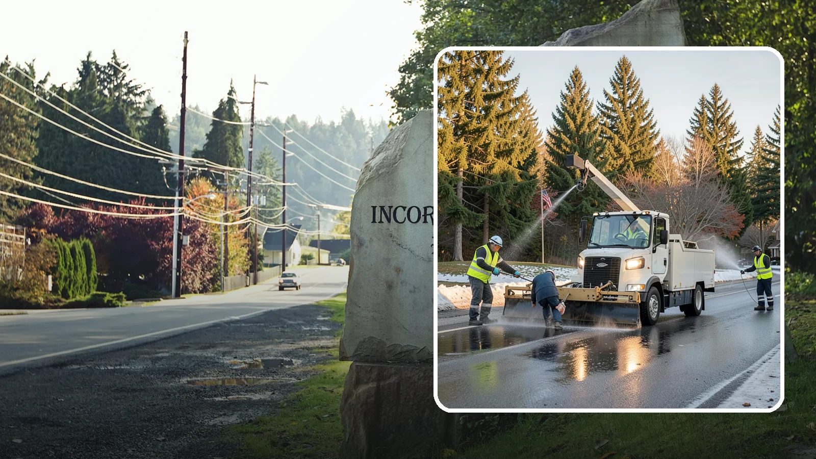 Anti-Icing Brine Application in Wilkeson, Pierce County, WA - Proactive liquid brine application that prevents ice from bonding to public roadways and lots before a storm.