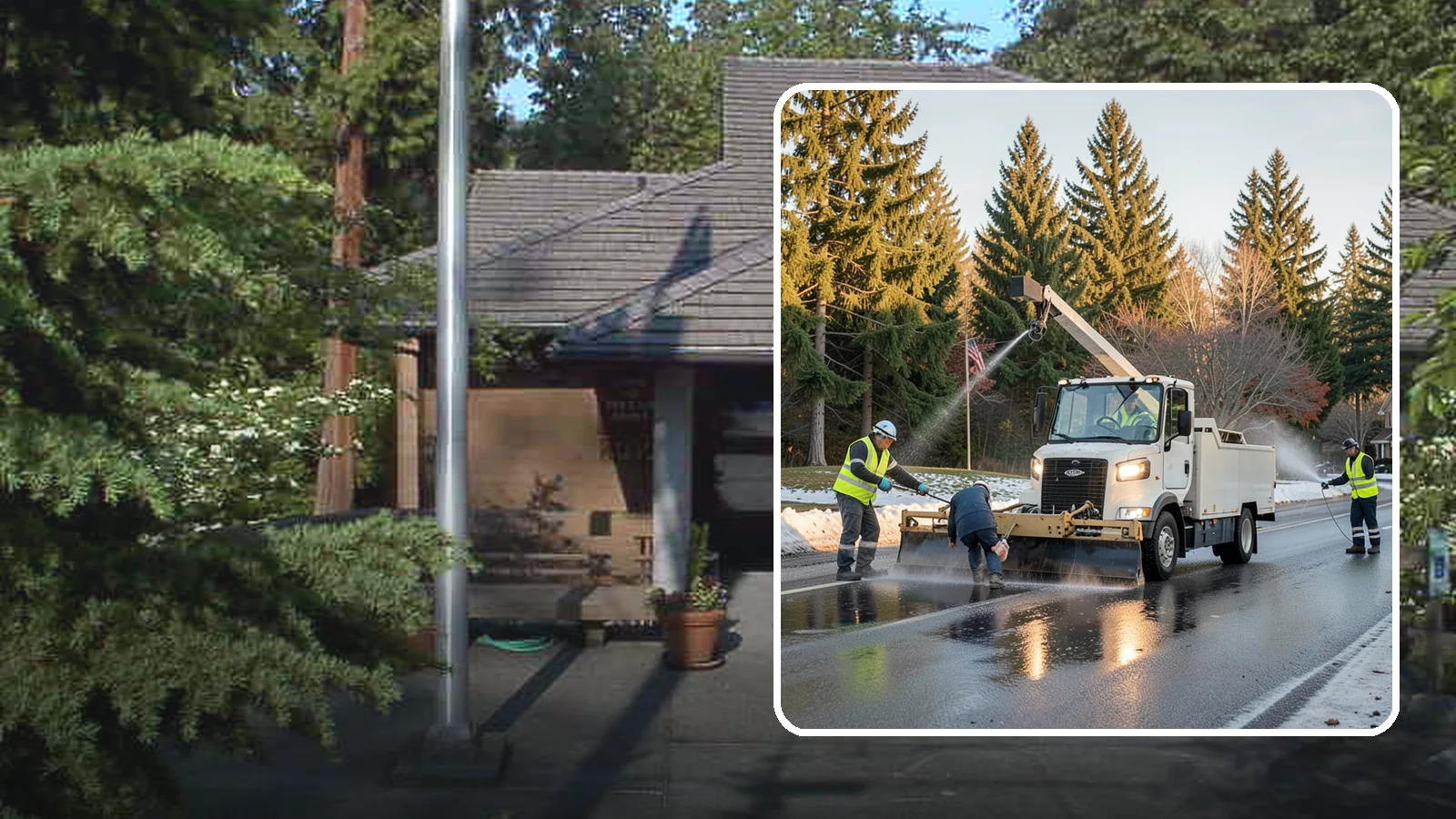 Anti-Icing Brine Application in Yarrow Point, King County, WA - Proactive liquid brine application that prevents ice from bonding to public roadways and lots before a storm.