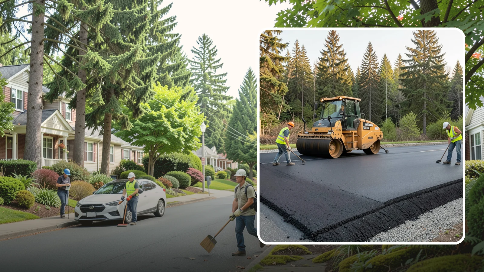 Asphalt Berm Construction in Beaux Arts Village, King County, WA - Machine-extruded asphalt berms and curbs that direct runoff and define pavement edges.