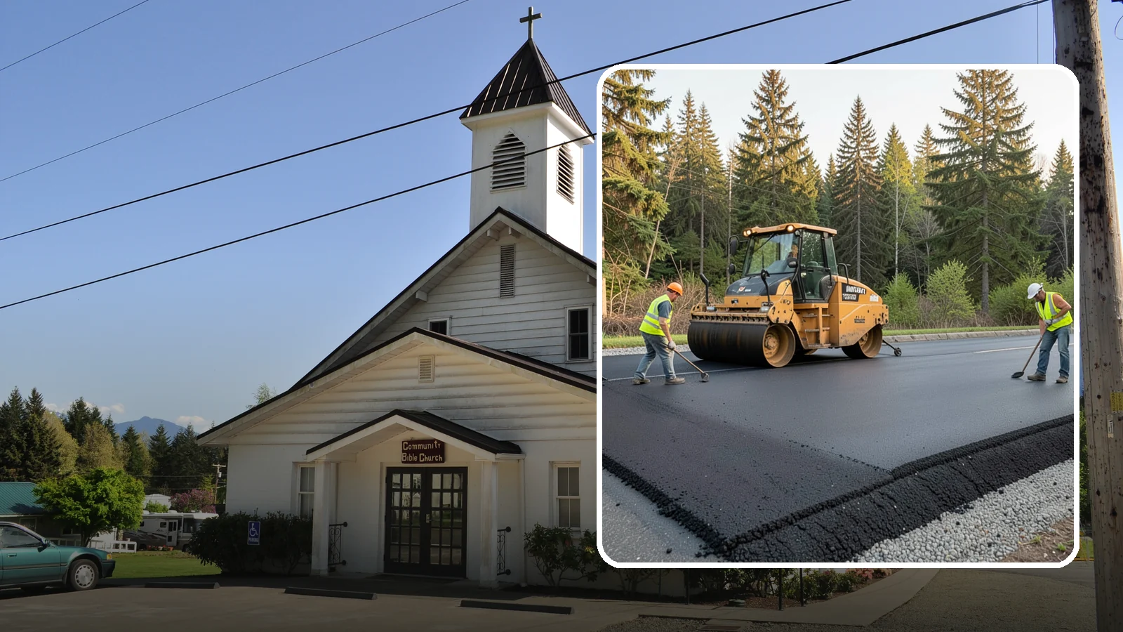 Asphalt Berm Construction in Concrete, Skagit County, WA - Machine-extruded asphalt berms and curbs that direct runoff and define pavement edges.