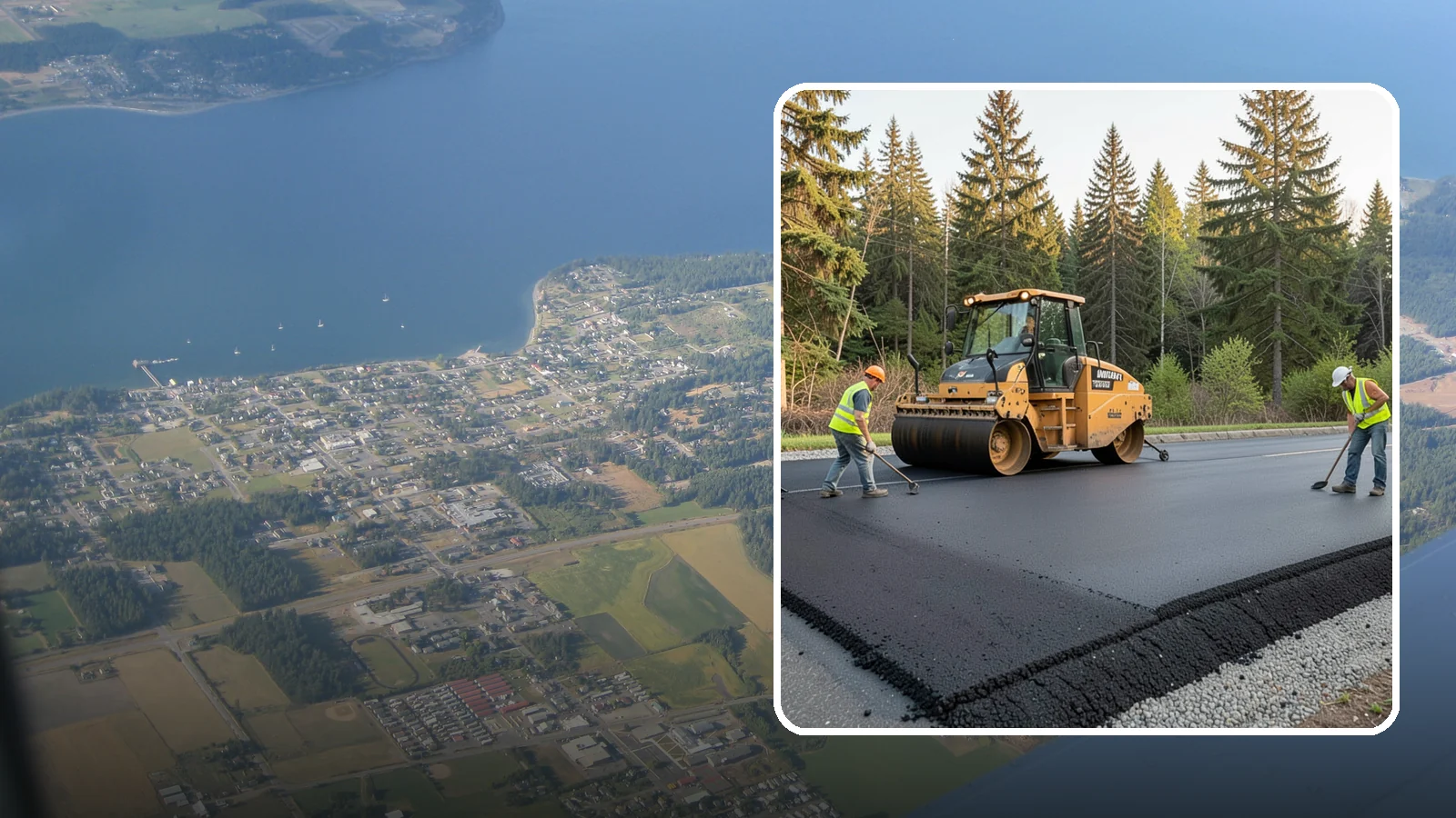Asphalt Berm Construction in Coupeville, Island County, WA - Machine-extruded asphalt berms and curbs that direct runoff and define pavement edges.