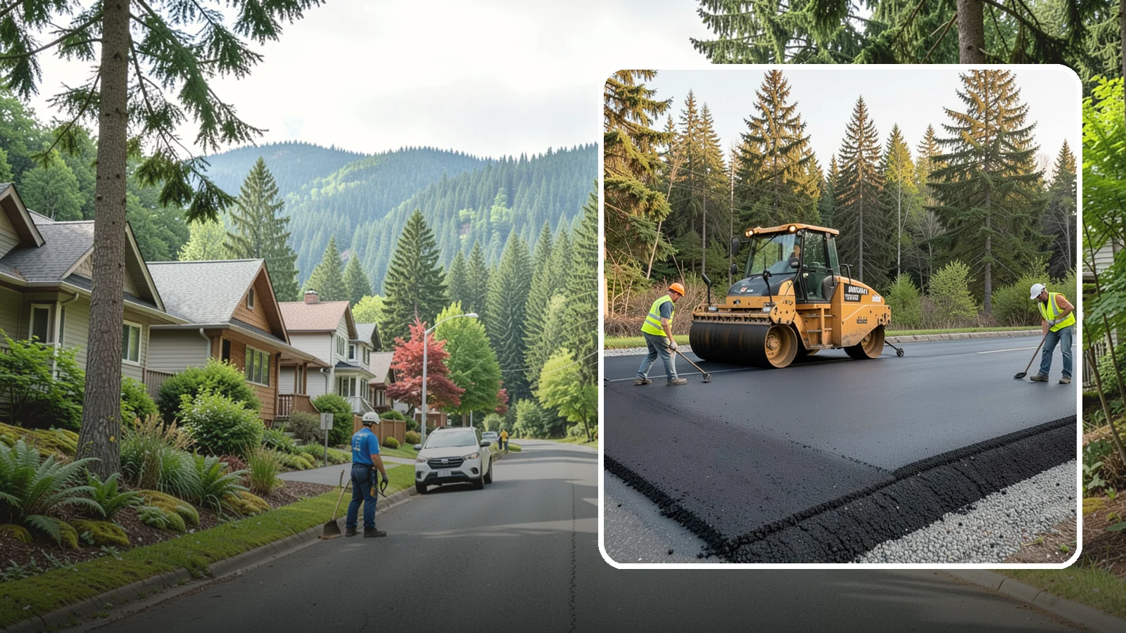 Asphalt Berm Construction in Darrington, Snohomish County, WA - Machine-extruded asphalt berms and curbs that direct runoff and define pavement edges.