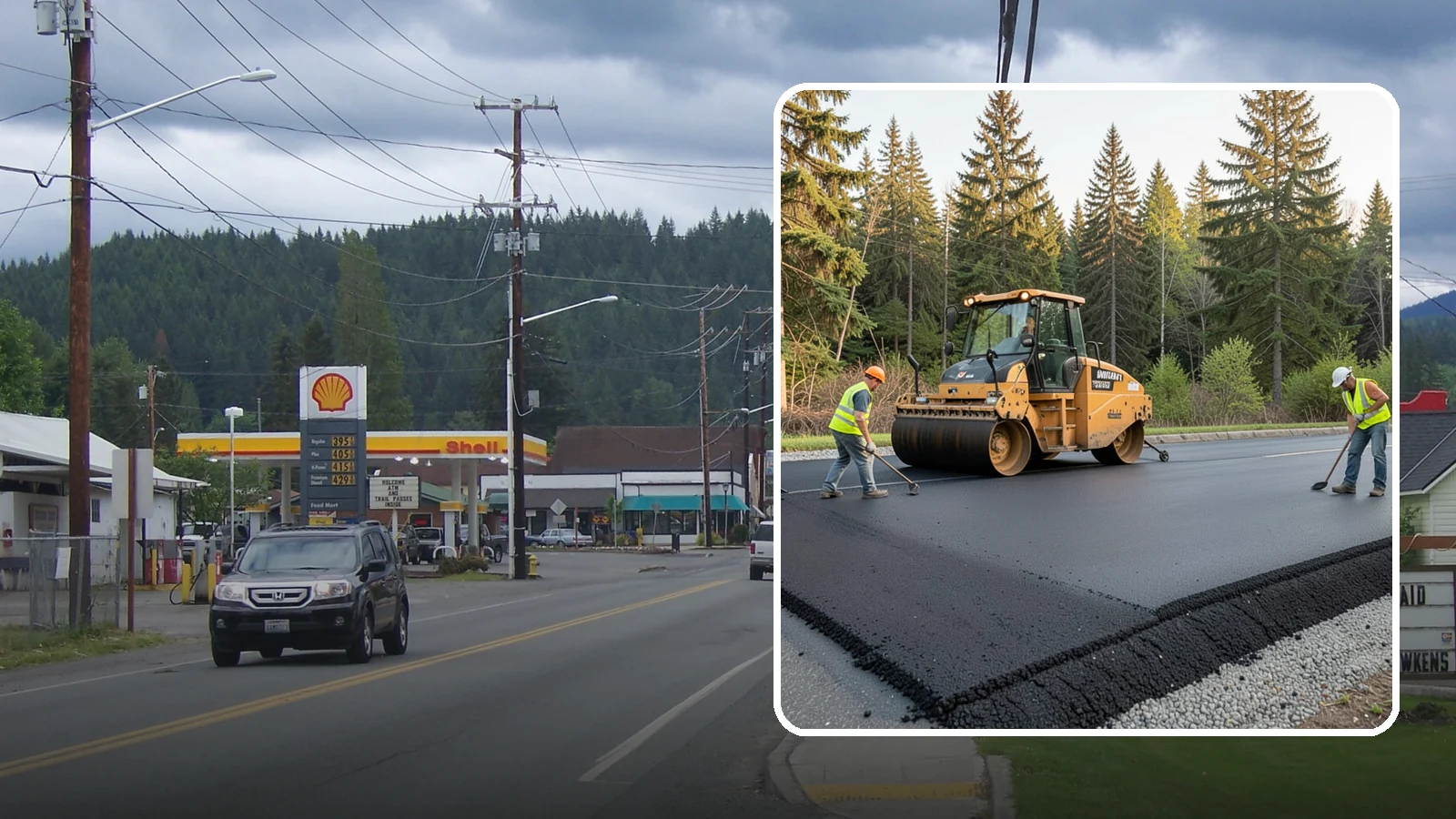 Asphalt Berm Construction in Granite Falls, Snohomish County, WA - Machine-extruded asphalt berms and curbs that direct runoff and define pavement edges.