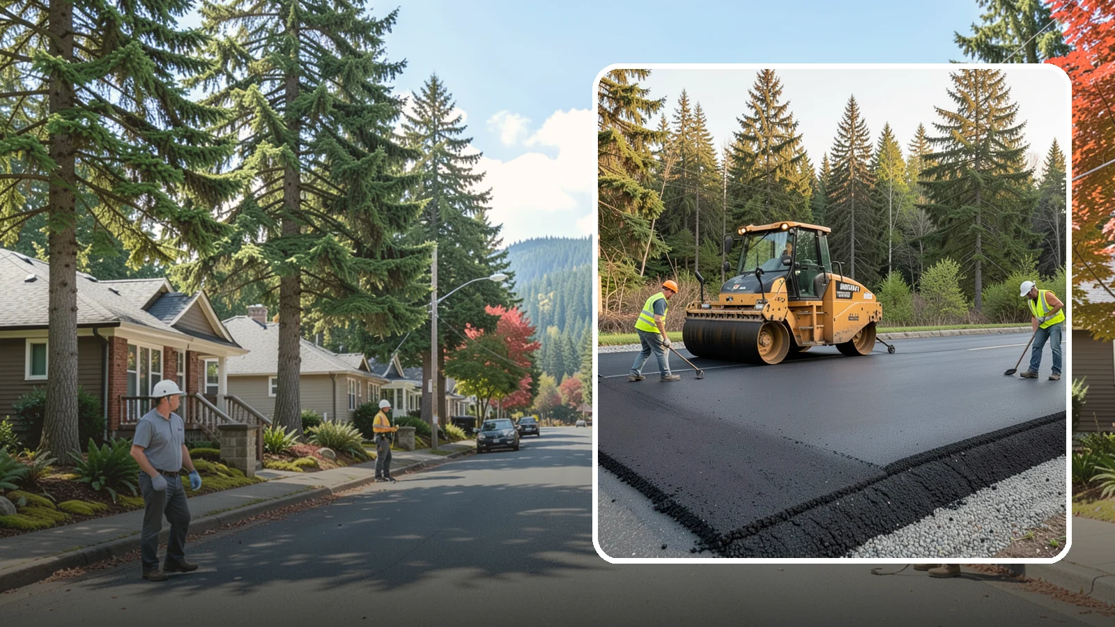 Asphalt Berm Construction in Hunts Point, King County, WA - Machine-extruded asphalt berms and curbs that direct runoff and define pavement edges.