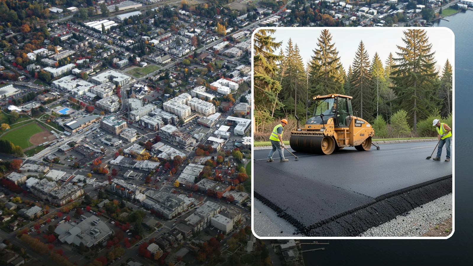 Asphalt Berm Construction in Kirkland, King County, WA - Machine-extruded asphalt berms and curbs that direct runoff and define pavement edges.