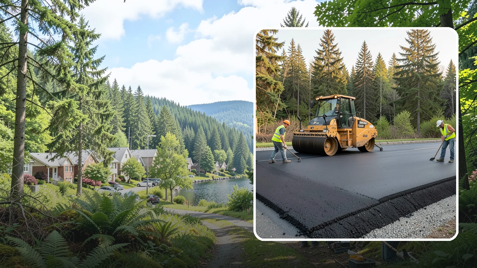 Asphalt Berm Construction in Lake Forest Park, King County, WA - Machine-extruded asphalt berms and curbs that direct runoff and define pavement edges.