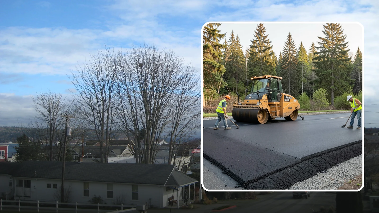 Asphalt Berm Construction in Langley, Island County, WA - Machine-extruded asphalt berms and curbs that direct runoff and define pavement edges.