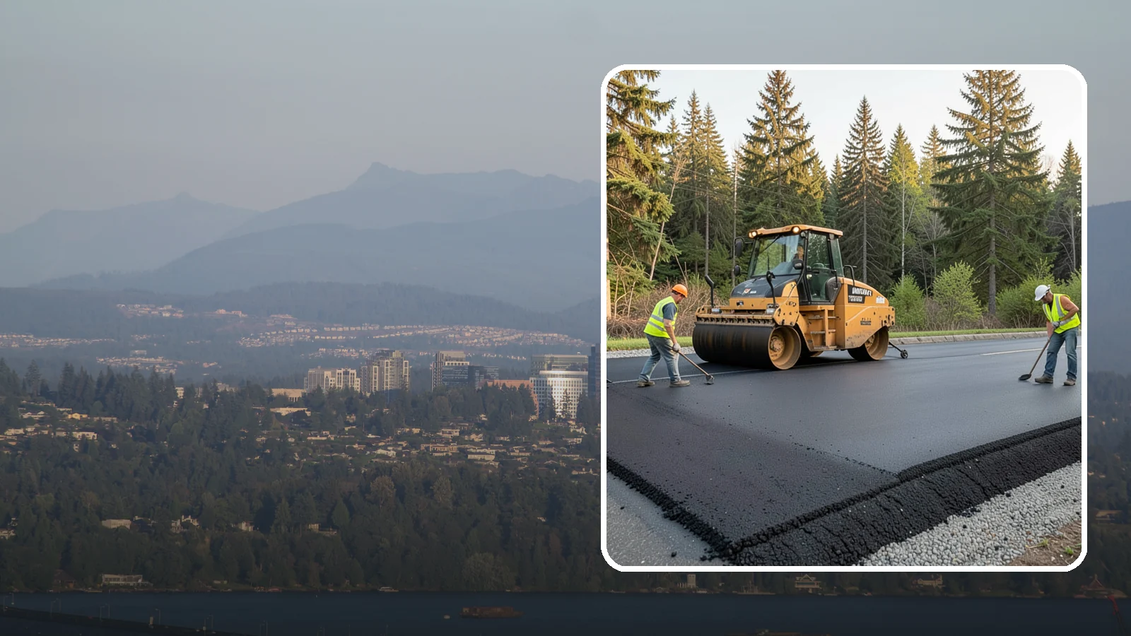 Asphalt Berm Construction in Medina, King County, WA - Machine-extruded asphalt berms and curbs that direct runoff and define pavement edges.