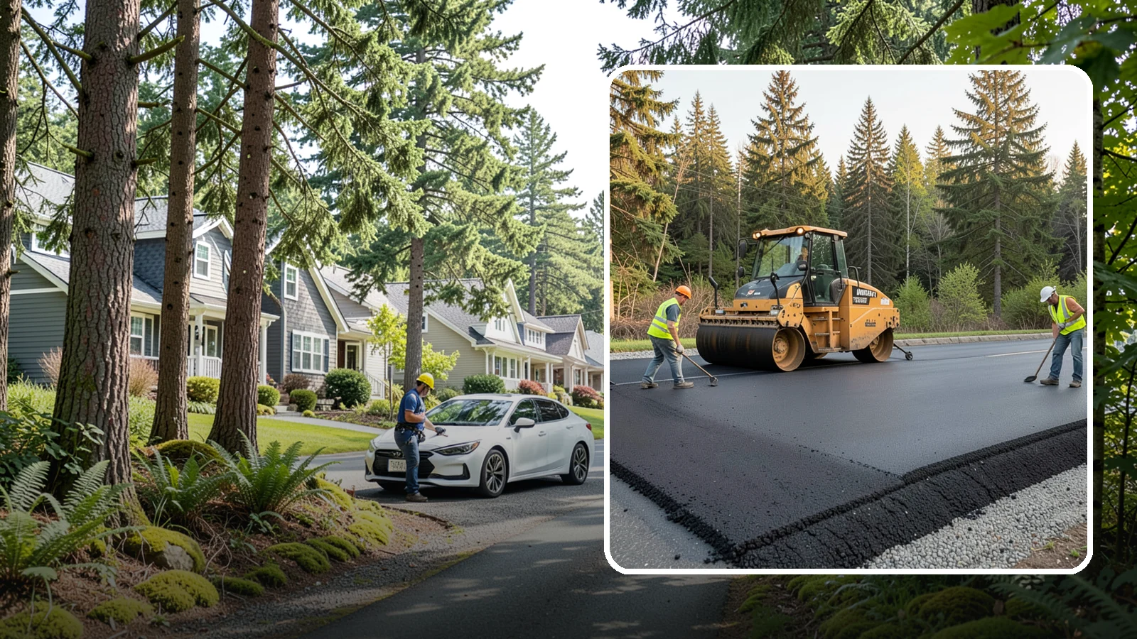 Asphalt Berm Construction in Normandy Park, King County, WA - Machine-extruded asphalt berms and curbs that direct runoff and define pavement edges.