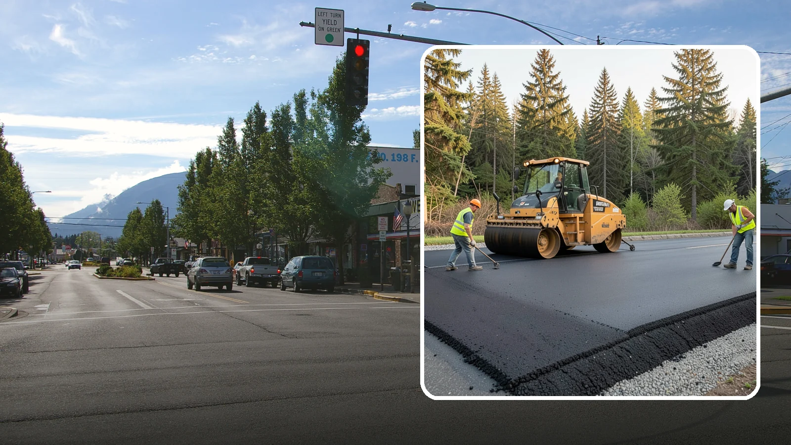 Asphalt Berm Construction in North Bend, King County, WA - Machine-extruded asphalt berms and curbs that direct runoff and define pavement edges.