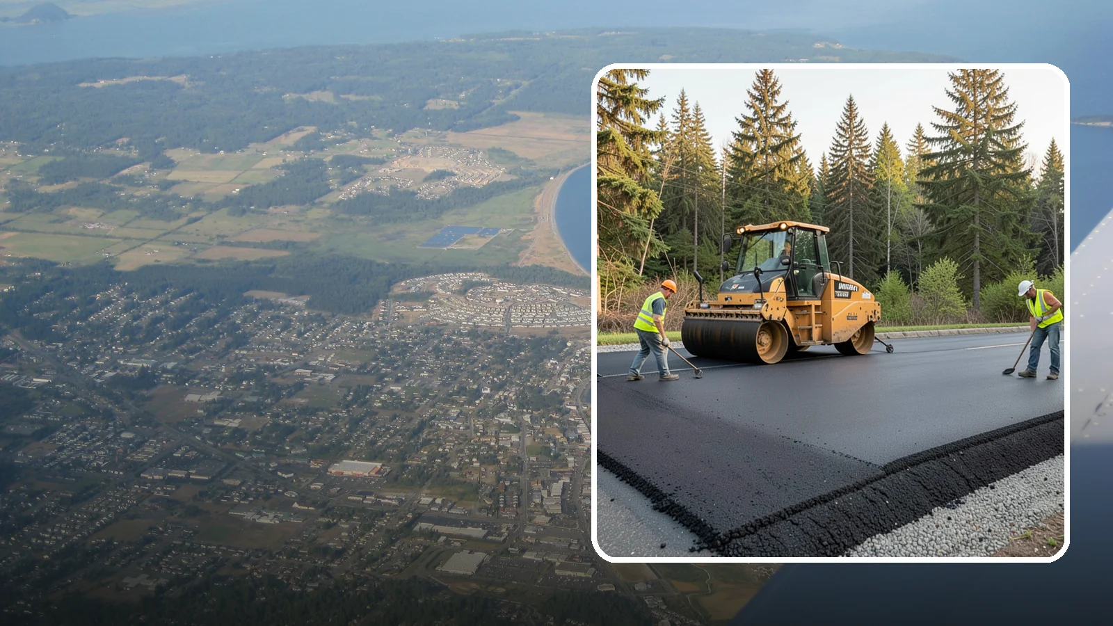 Asphalt Berm Construction in Oak Harbor, Island County, WA - Machine-extruded asphalt berms and curbs that direct runoff and define pavement edges.
