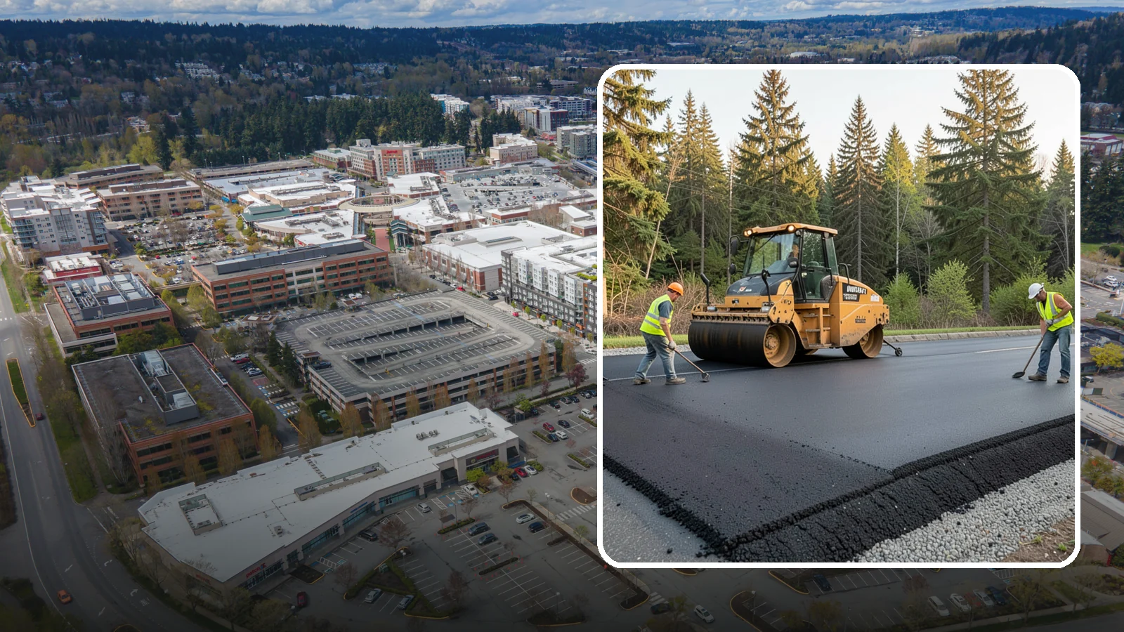 Asphalt Berm Construction in Redmond, King County, WA - Machine-extruded asphalt berms and curbs that direct runoff and define pavement edges.