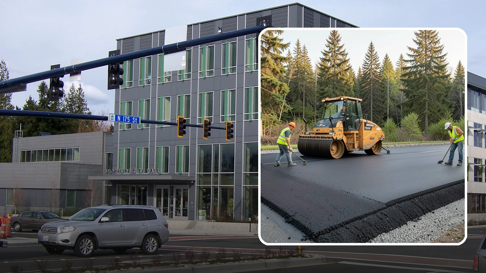 Asphalt Berm Construction in Shoreline, King County, WA - Machine-extruded asphalt berms and curbs that direct runoff and define pavement edges.