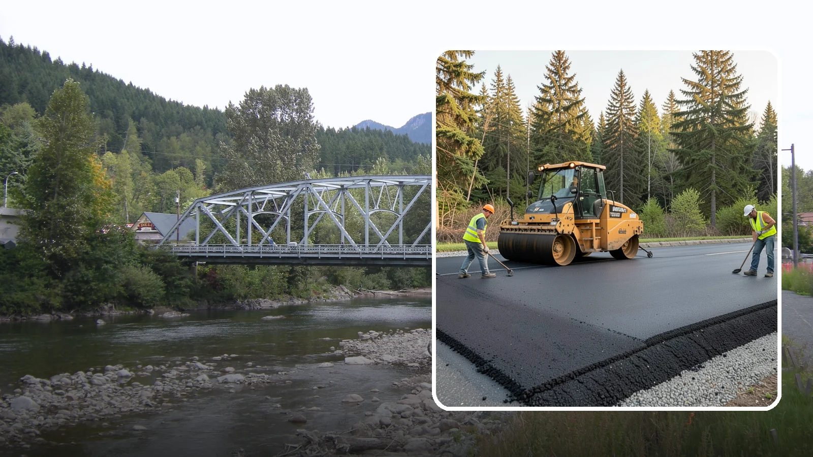 Asphalt Berm Construction in Skykomish, King County, WA - Machine-extruded asphalt berms and curbs that direct runoff and define pavement edges.