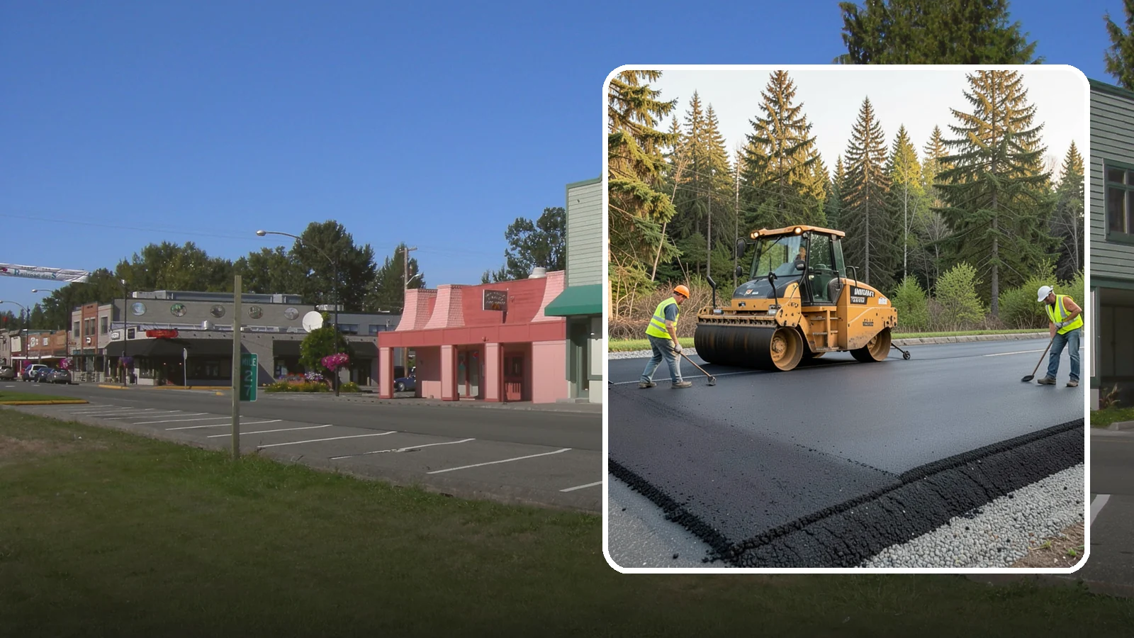 Asphalt Berm Construction in Snoqualmie, King County, WA - Machine-extruded asphalt berms and curbs that direct runoff and define pavement edges.