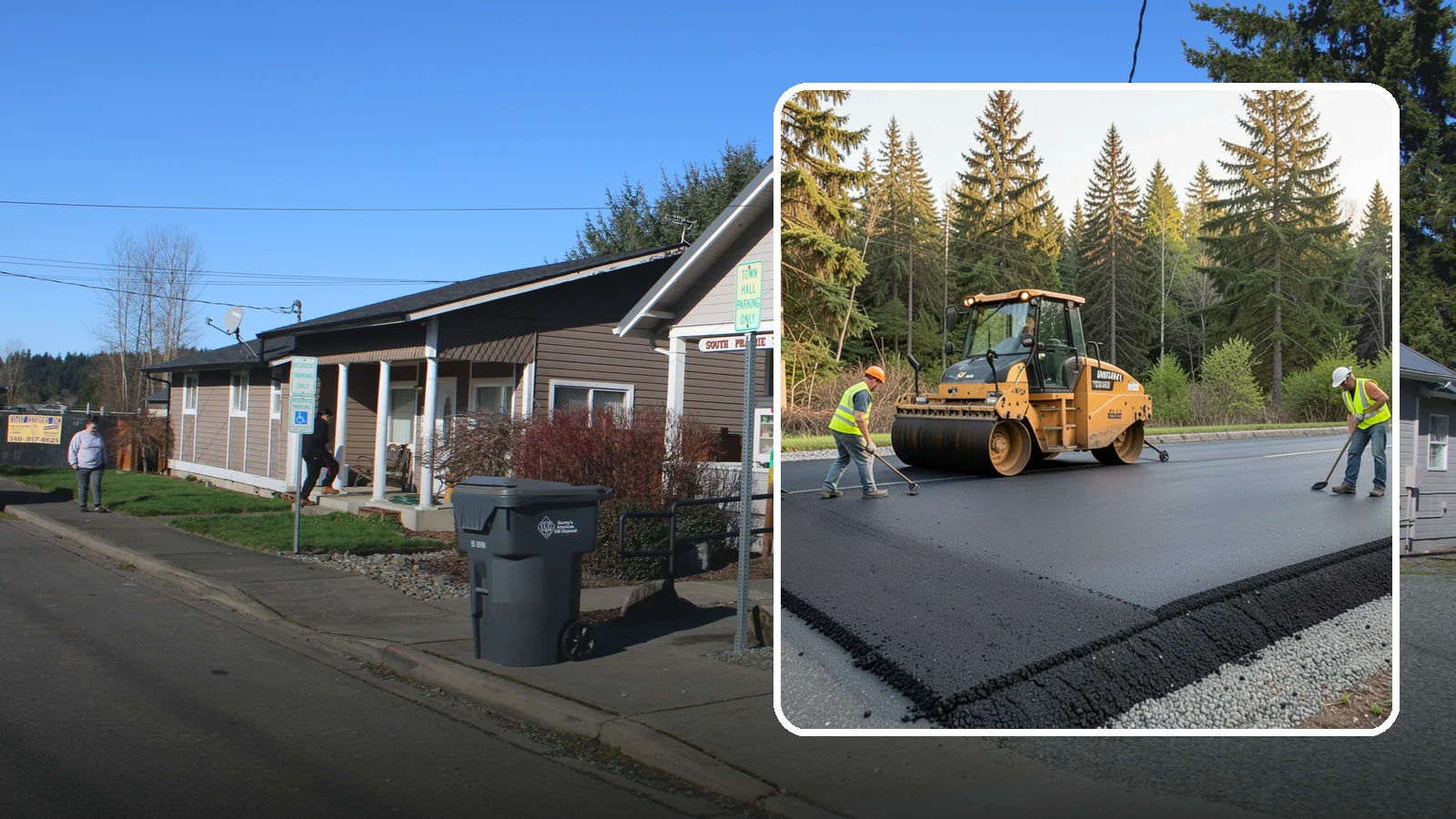 Asphalt Berm Construction in South Prairie, Pierce County, WA - Machine-extruded asphalt berms and curbs that direct runoff and define pavement edges.