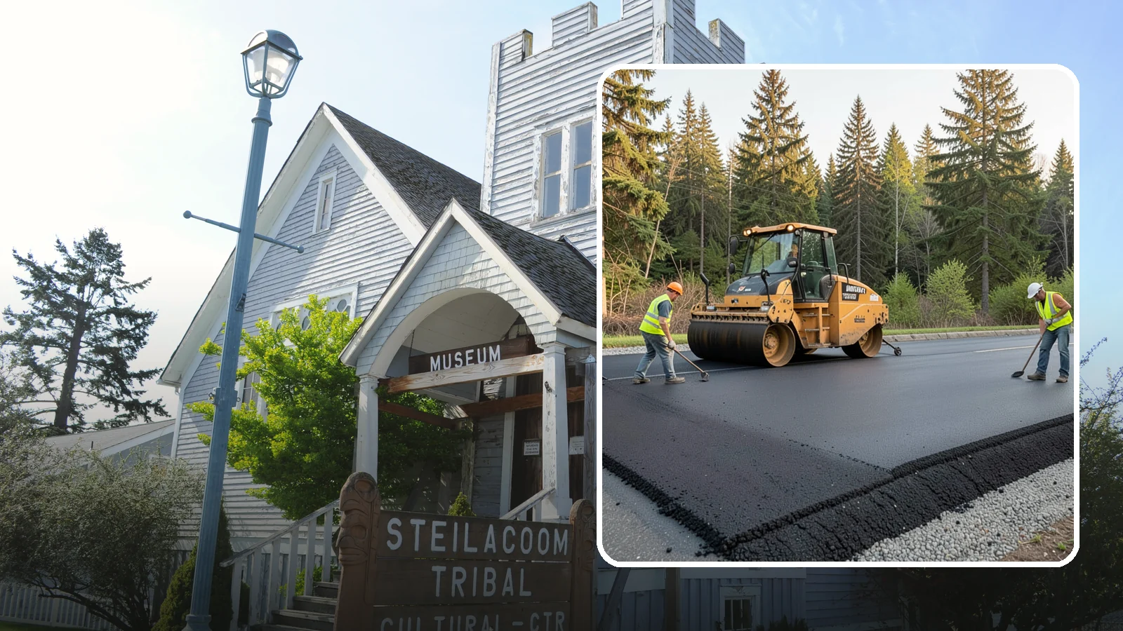 Asphalt Berm Construction in Steilacoom, Pierce County, WA - Machine-extruded asphalt berms and curbs that direct runoff and define pavement edges.