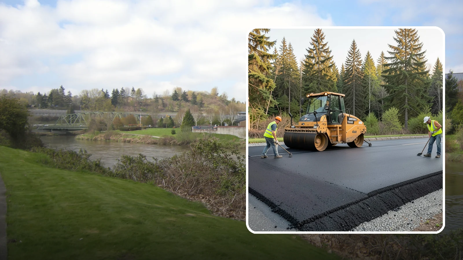 Asphalt Berm Construction in Tukwila, King County, WA - Machine-extruded asphalt berms and curbs that direct runoff and define pavement edges.