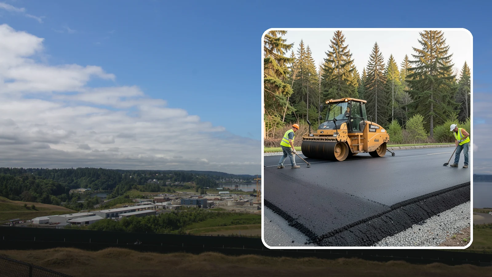 Asphalt Berm Construction in University Place, Pierce County, WA - Machine-extruded asphalt berms and curbs that direct runoff and define pavement edges.