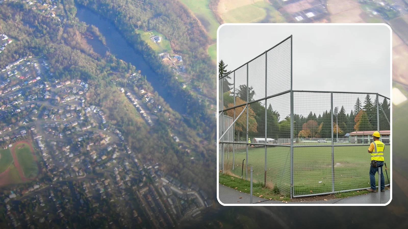 Backstop Installation in Algona, King County, WA - Installation of ballfield backstops and protective fencing to regulation height and safety standards.