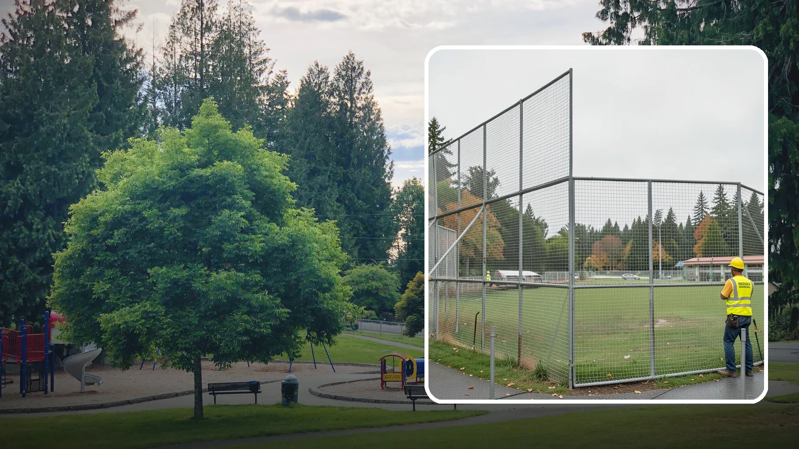 Backstop Installation in Bonney Lake, Pierce County, WA - Installation of ballfield backstops and protective fencing to regulation height and safety standards.
