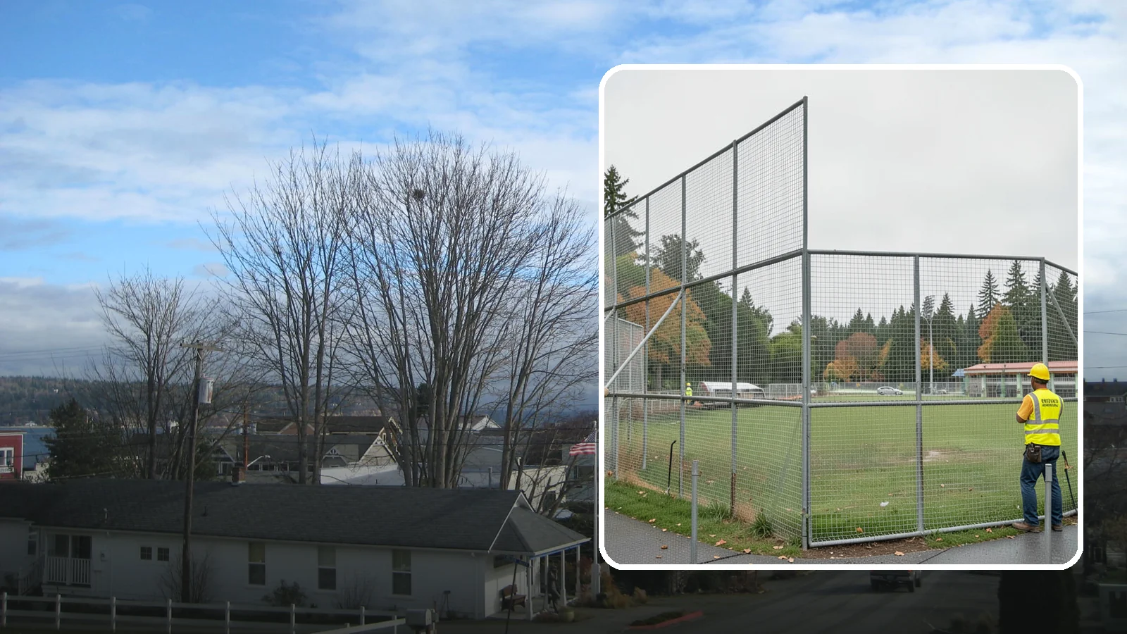 Backstop Installation in Langley, Island County, WA - Installation of ballfield backstops and protective fencing to regulation height and safety standards.