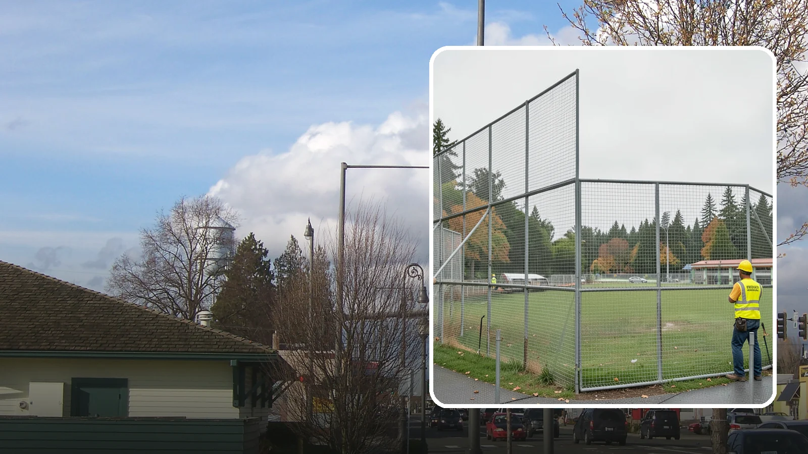 Backstop Installation in Marysville, Snohomish County, WA - Installation of ballfield backstops and protective fencing to regulation height and safety standards.