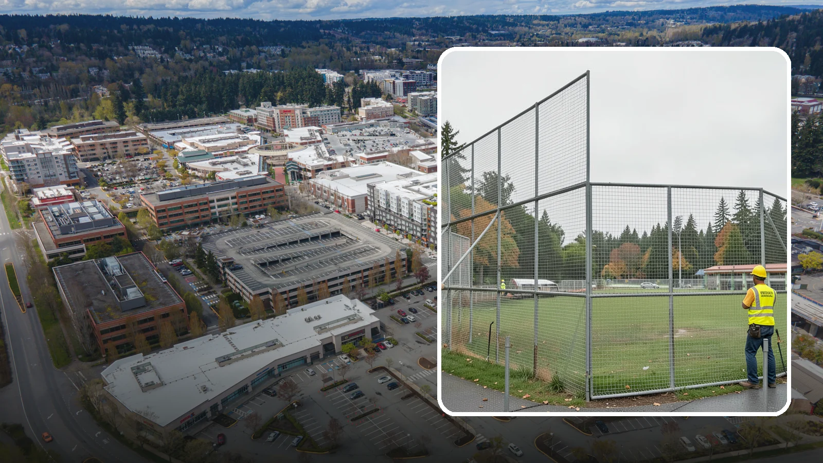 Backstop Installation in Redmond, King County, WA - Installation of ballfield backstops and protective fencing to regulation height and safety standards.