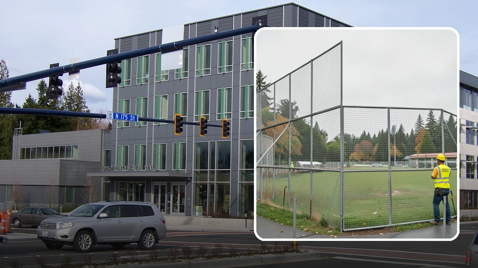 Backstop Installation in Shoreline, King County, WA - Installation of ballfield backstops and protective fencing to regulation height and safety standards.