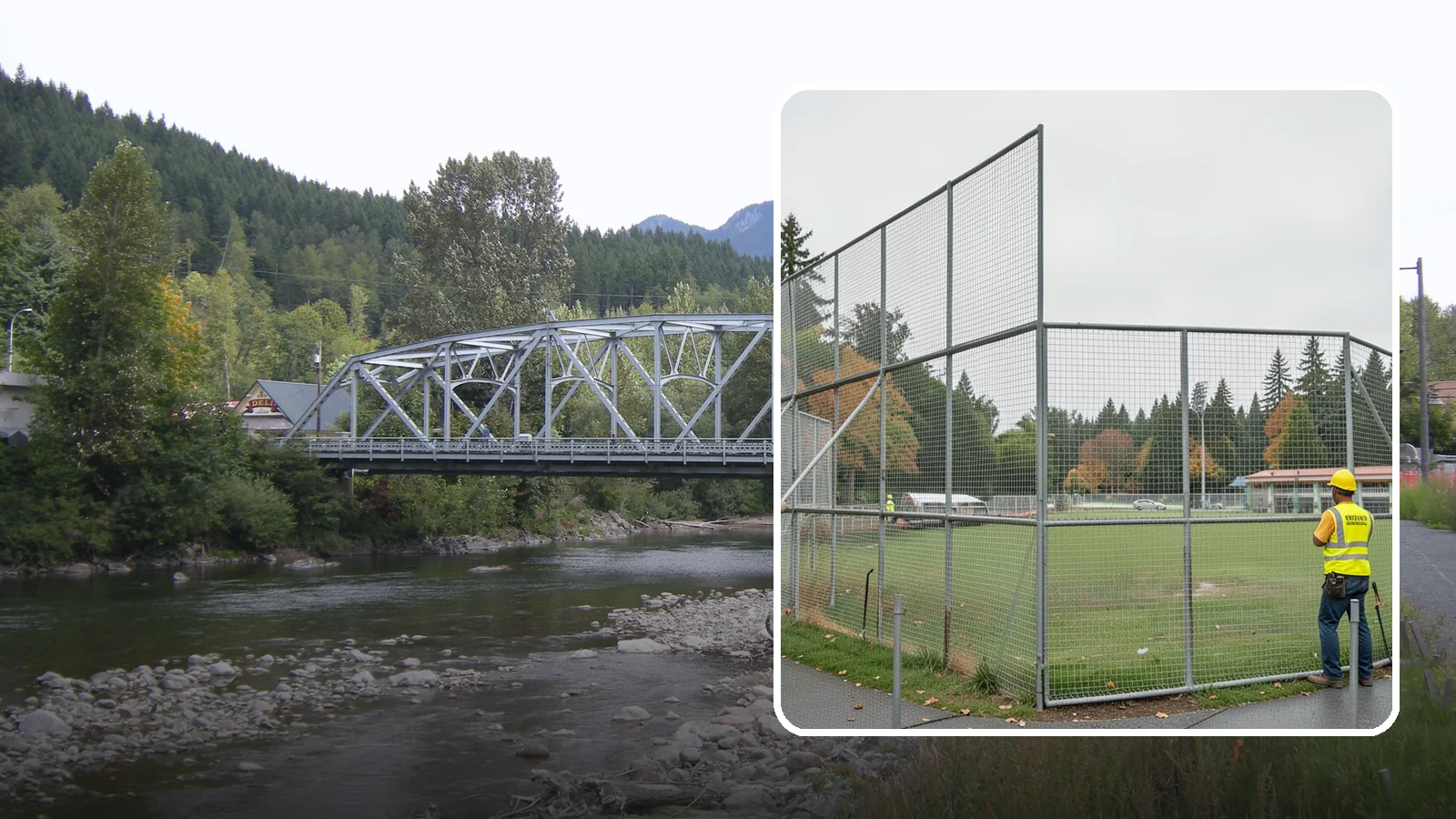 Backstop Installation in Skykomish, King County, WA - Installation of ballfield backstops and protective fencing to regulation height and safety standards.