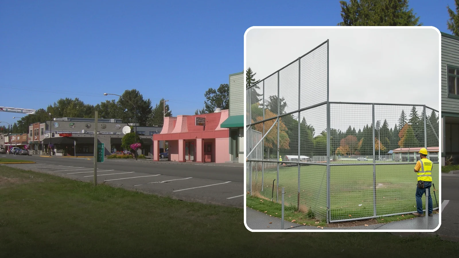 Backstop Installation in Snoqualmie, King County, WA - Installation of ballfield backstops and protective fencing to regulation height and safety standards.