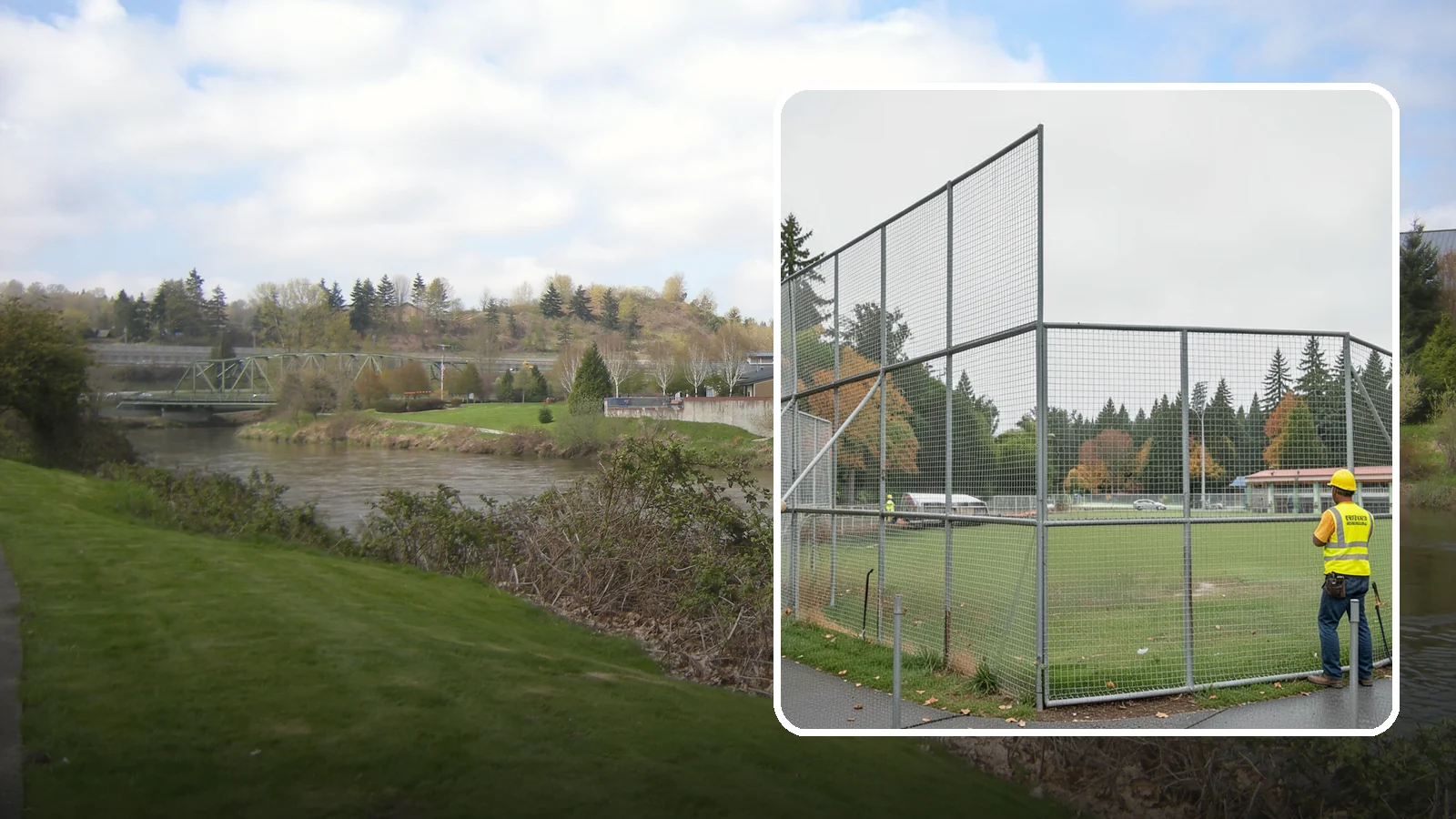 Backstop Installation in Tukwila, King County, WA - Installation of ballfield backstops and protective fencing to regulation height and safety standards.