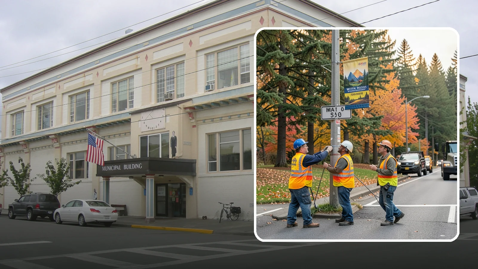 Banner Installation in Anacortes, Skagit County, WA - Installation of street banners and pole banners for Western Washington civic and event promotions.