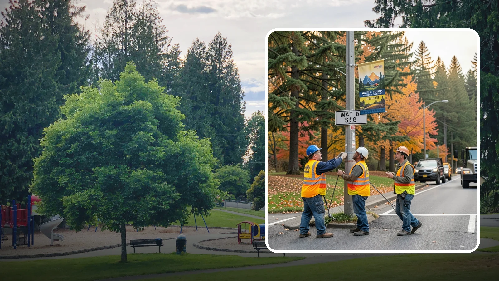 Banner Installation in Bonney Lake, Pierce County, WA - Installation of street banners and pole banners for Western Washington civic and event promotions.