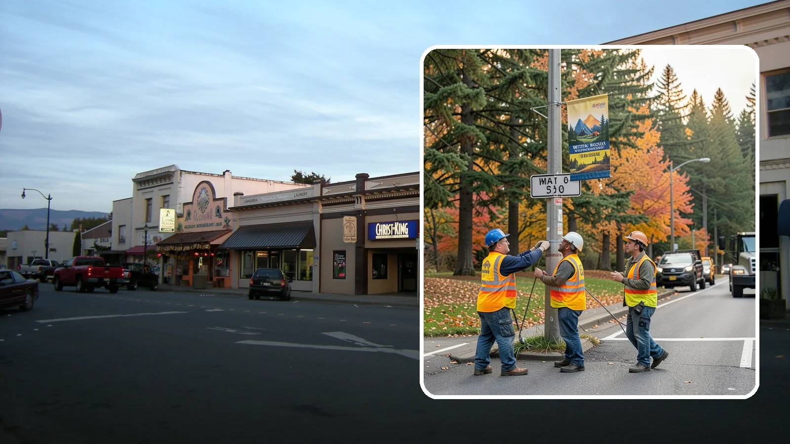 Banner Installation in Burlington, Skagit County, WA - Installation of street banners and pole banners for Western Washington civic and event promotions.