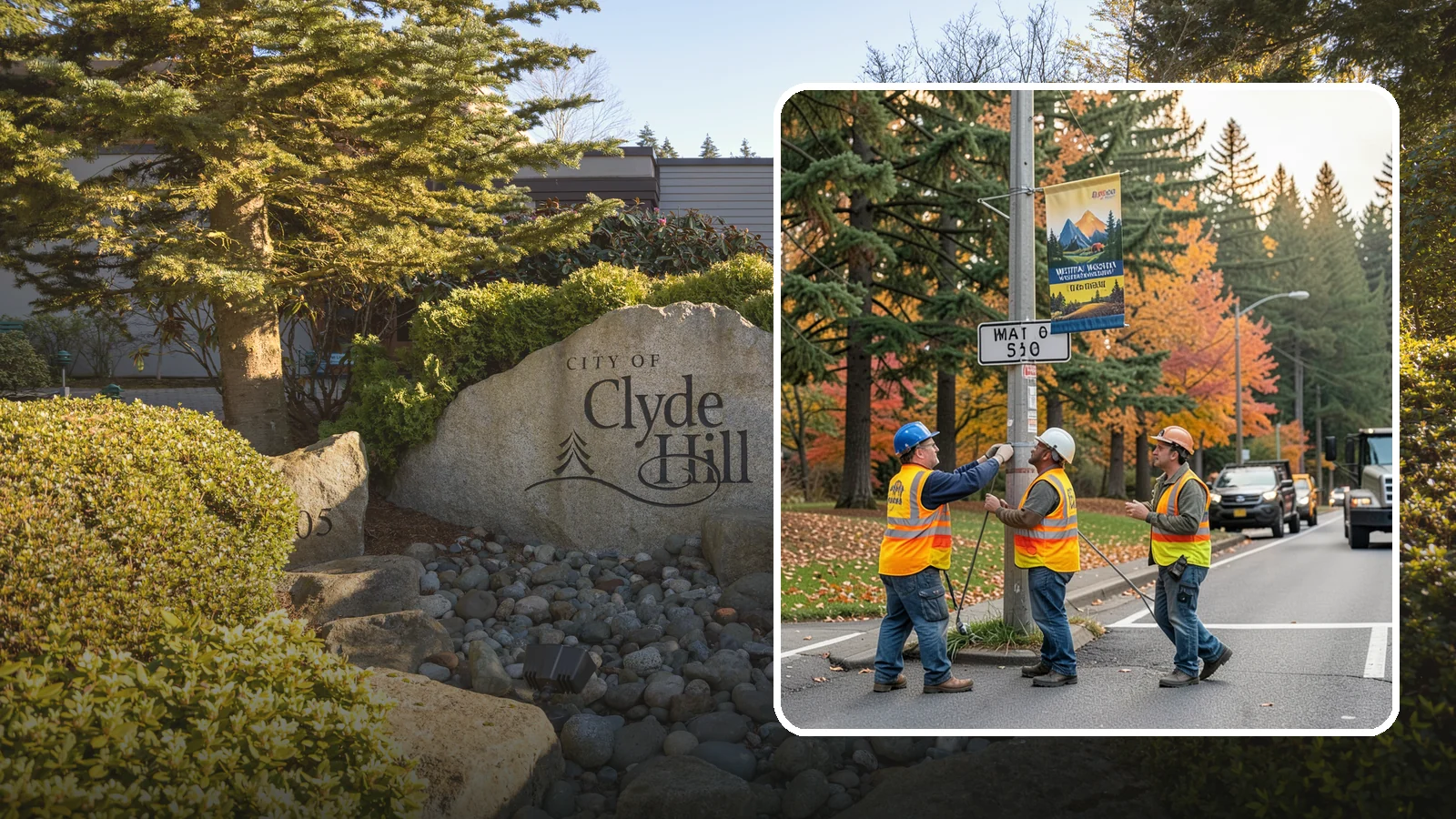Banner Installation in Clyde Hill, King County, WA - Installation of street banners and pole banners for Western Washington civic and event promotions.