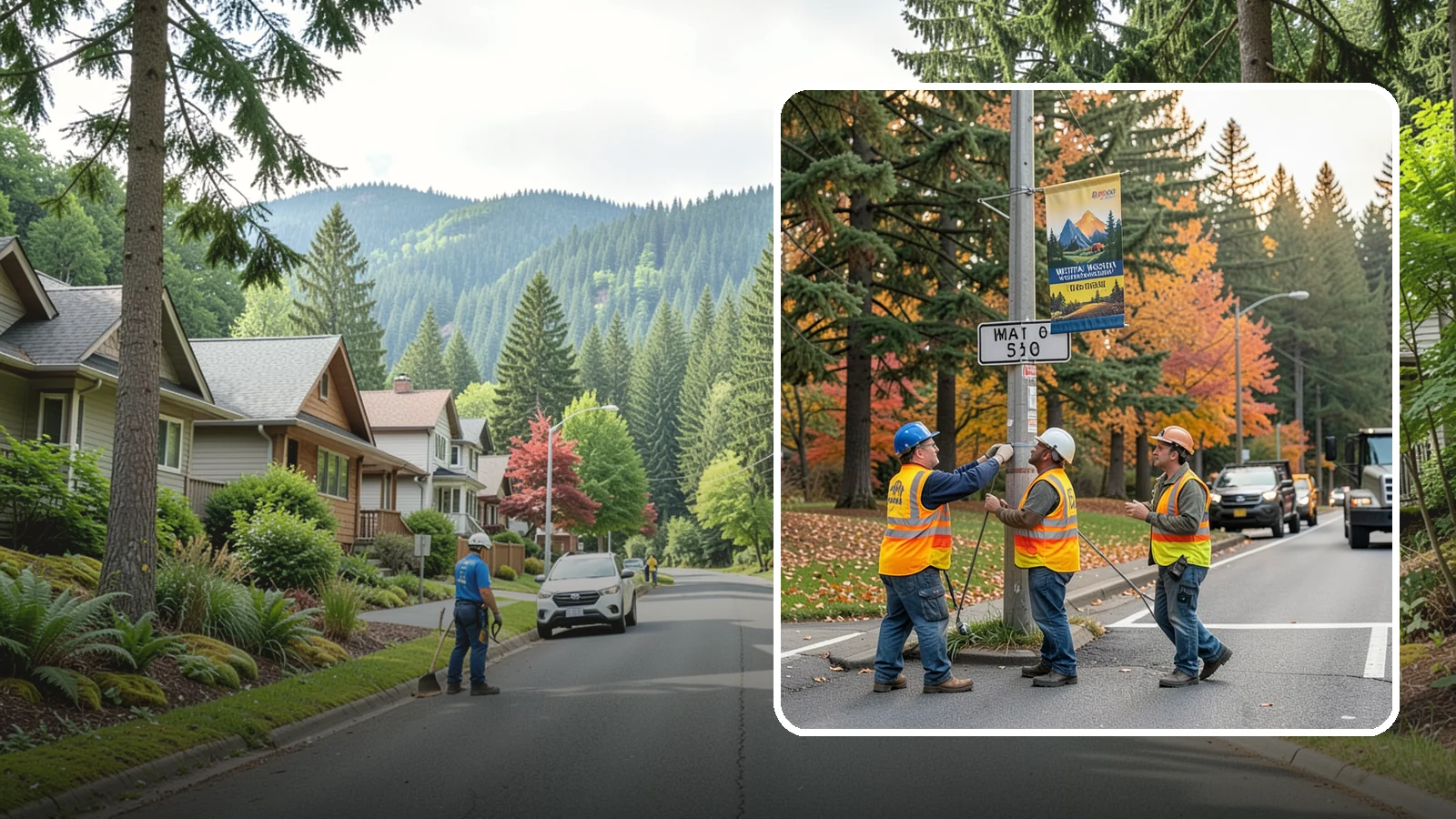 Banner Installation in Darrington, Snohomish County, WA - Installation of street banners and pole banners for Western Washington civic and event promotions.