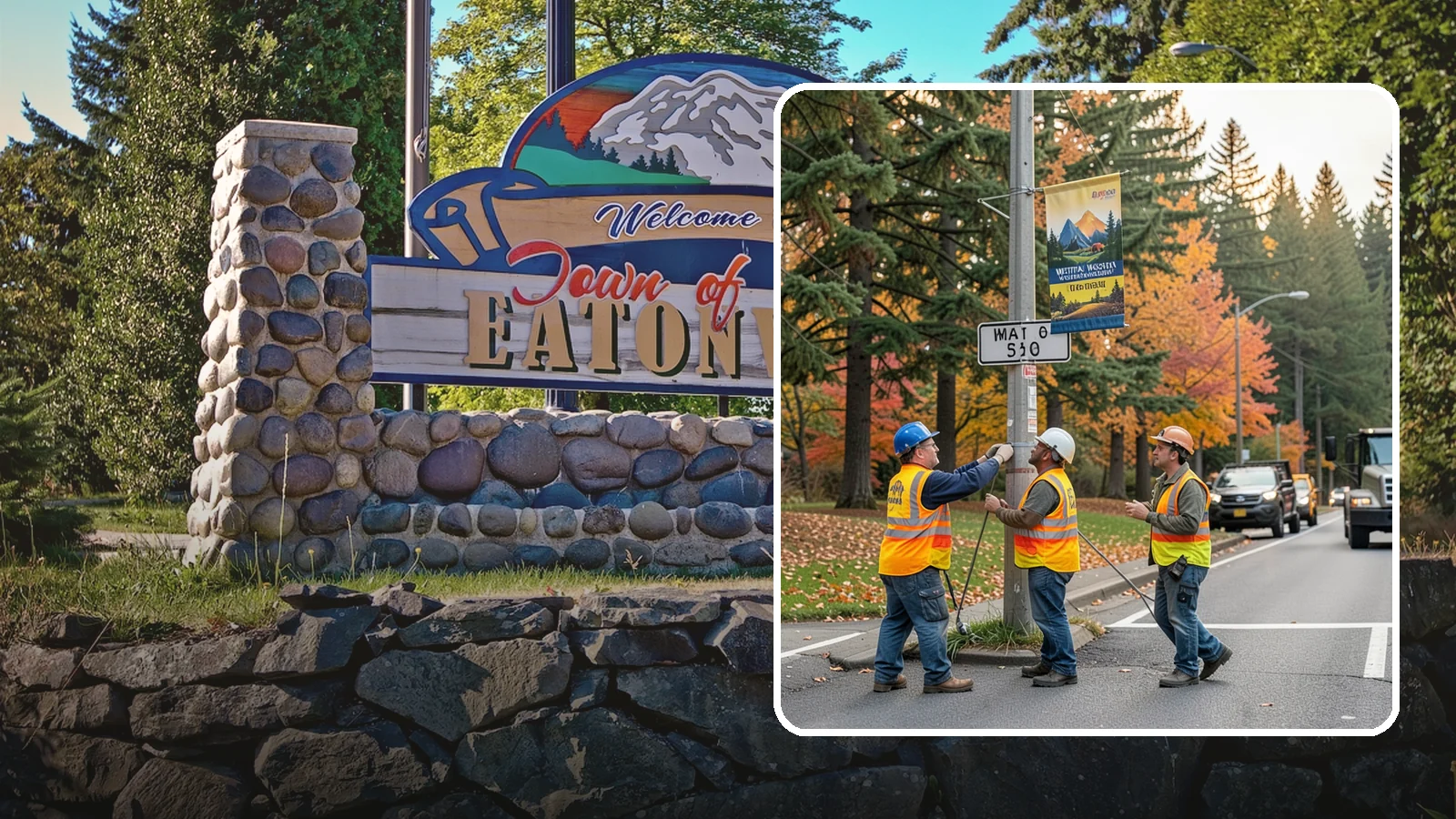 Banner Installation in Eatonville, Pierce County, WA - Installation of street banners and pole banners for Western Washington civic and event promotions.